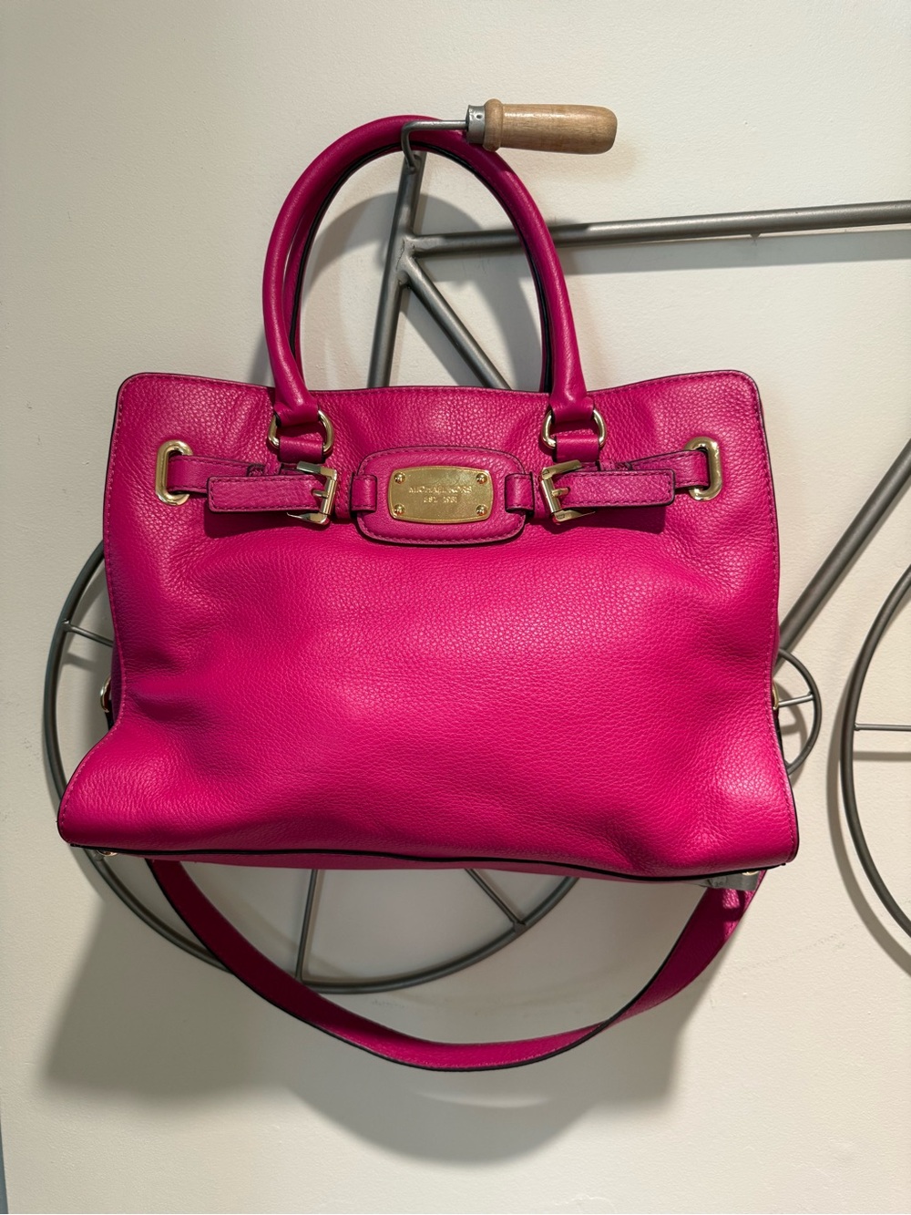 Michael Kors Hot Pink Pebbled Leather Convertible Satchel Tote Bag Gold Hardware